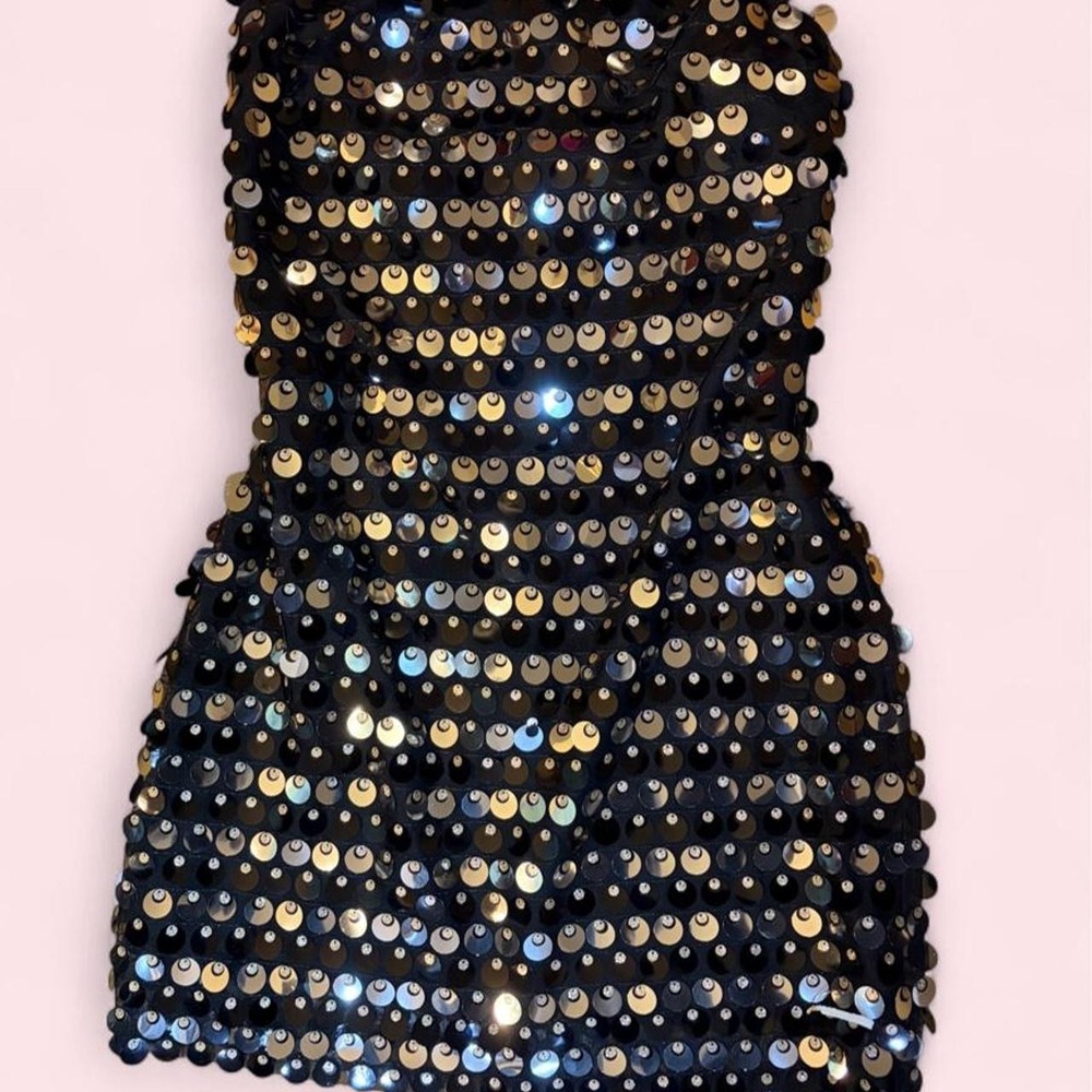 12th Tribe Sequin Strapless Mini Dress Black Silver Gold Glam Party Y2K Large